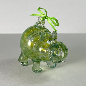 Holiday Ornament: Green mottled glass hippo.