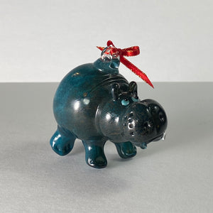 Holiday ornament: Glass Hippo gray blue.